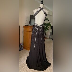 Morgan & Co Black Dress Sequined Open Back Ruffle Whimsigoth Darkfairy Sz 9/10